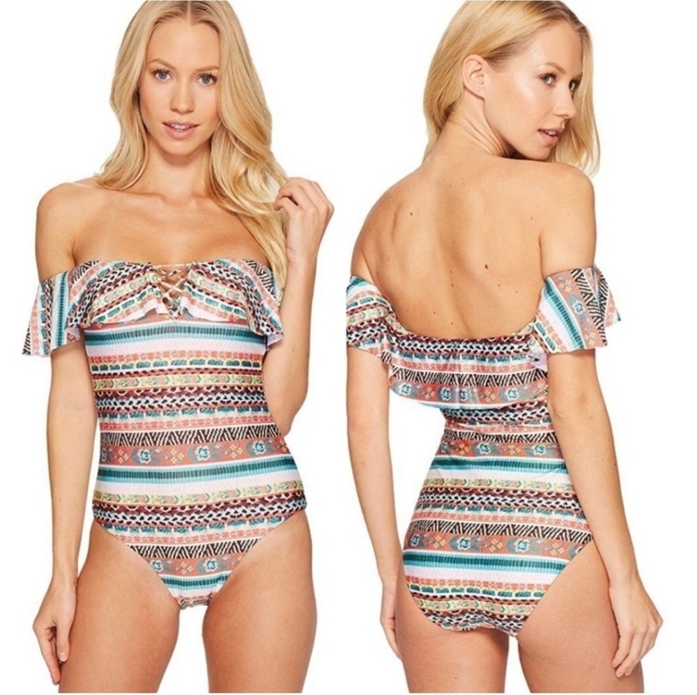 BECCA Colorful Off The Shoulder Swimsuit Sz Medium